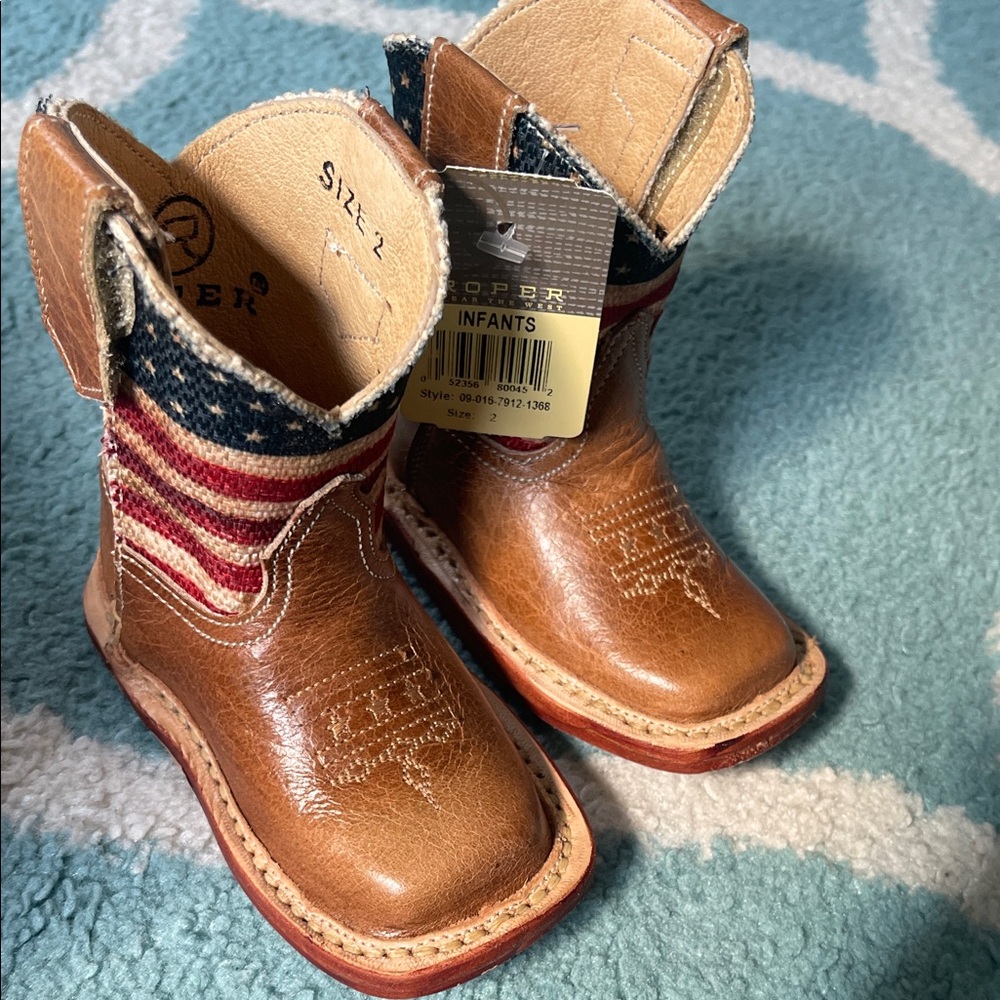 Roper Infant Cowboy Boots in Brown with Red, White & Blue Flag Shaft